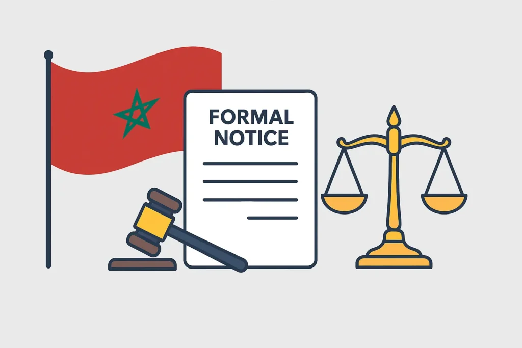 Vector illustration of formal notice document, Moroccan flag, justice scales, and gavel – representing legal notification services for foreigners in Morocco.