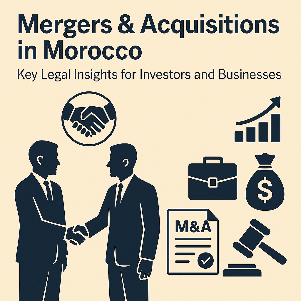 Illustration of business professionals shaking hands symbolizing mergers and acquisitions, with legal and financial icons in a clean vector style