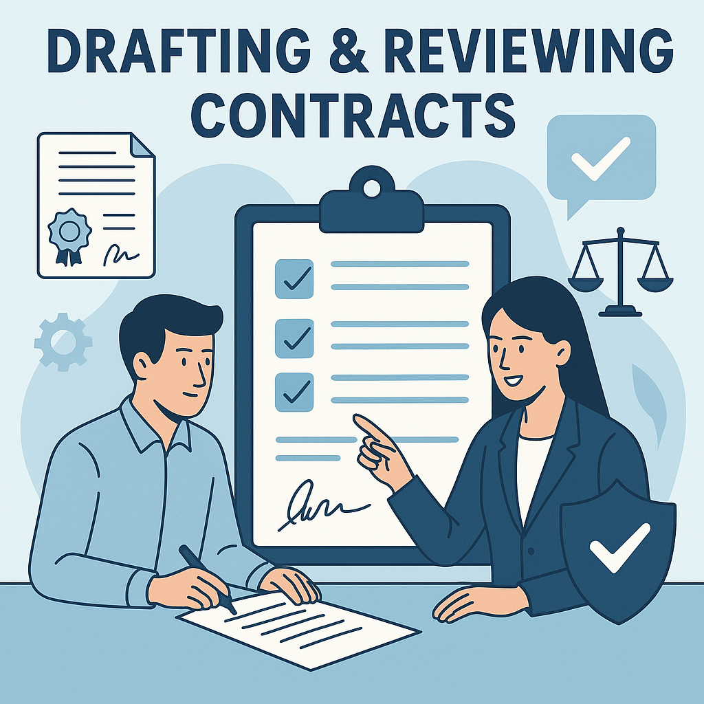 Illustration of a lawyer guiding a client through contract review and signing, with legal icons and 'Drafting & Reviewing Contracts' title