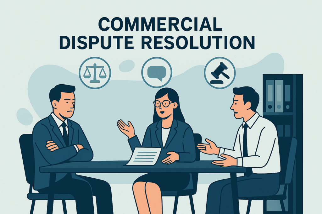 Illustration of a business dispute resolution meeting with a lawyer mediating between two professionals in a corporate setting