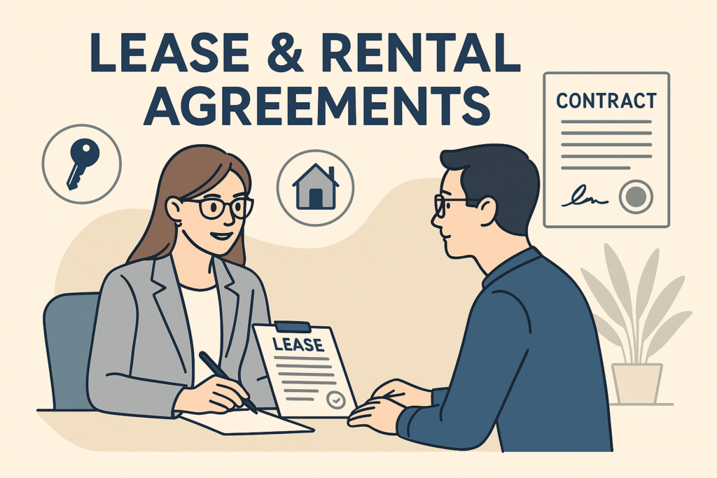 Illustration of a lawyer and client reviewing a lease agreement, with rental contract and property icons in a modern office setting