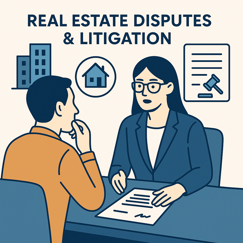 Illustration of a legal consultation over a property dispute, featuring lawyer, client, and icons of buildings, contracts, and court documents