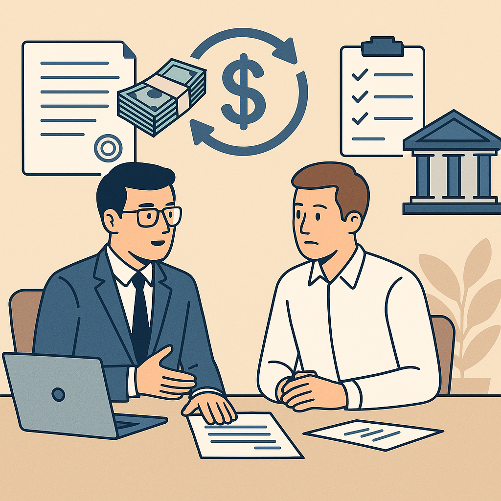 Illustration of a lawyer consulting a business client on debt collection, with icons of contracts, money, and court documents in a modern office