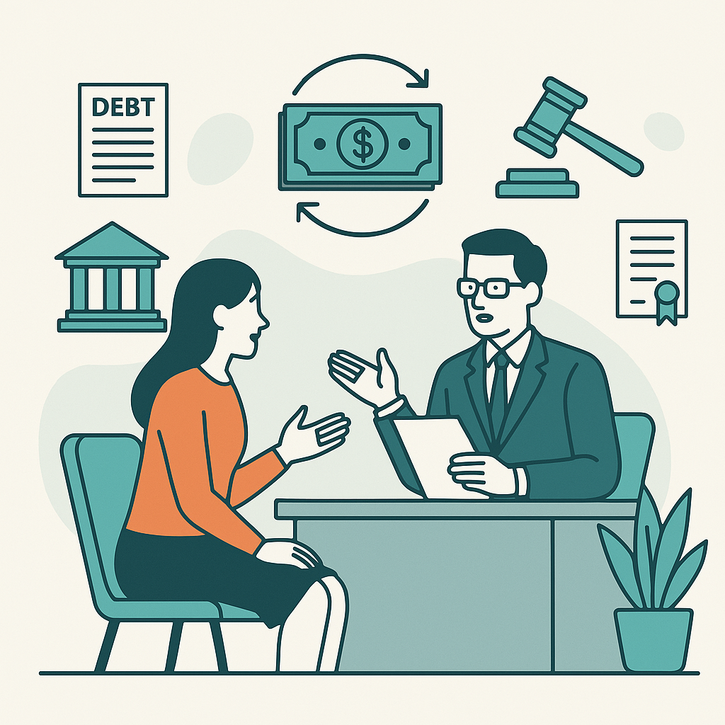 Illustration of a lawyer advising a client on debt enforcement procedures with icons of money, documents, and legal symbols in a modern office