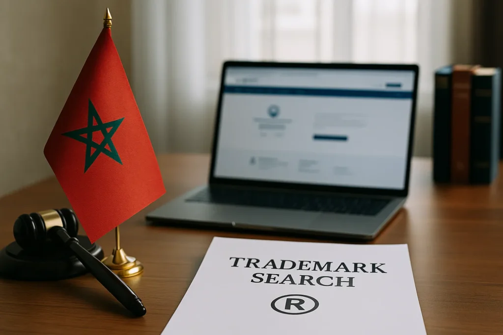 Desk with Moroccan flag, gavel, and laptop used for trademark search in Morocco
