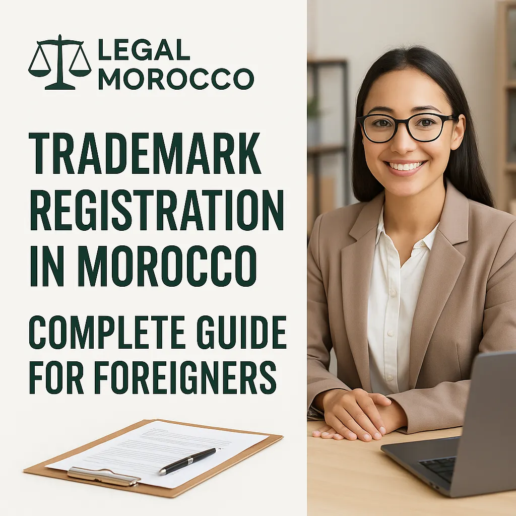 "Legal Morocco graphic showing trademark registration guide in Morocco for foreign businesses, featuring a professional person in an office setting next to the article title."