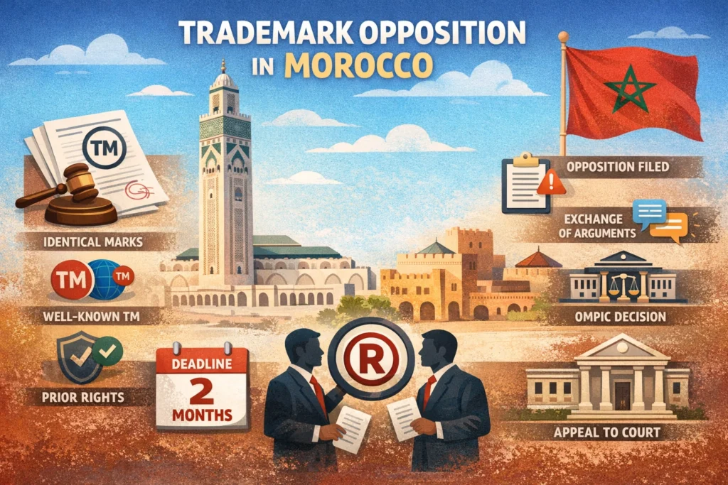 Trademark opposition process in Morocco showing legal steps, deadlines, and OMPIC decision procedure