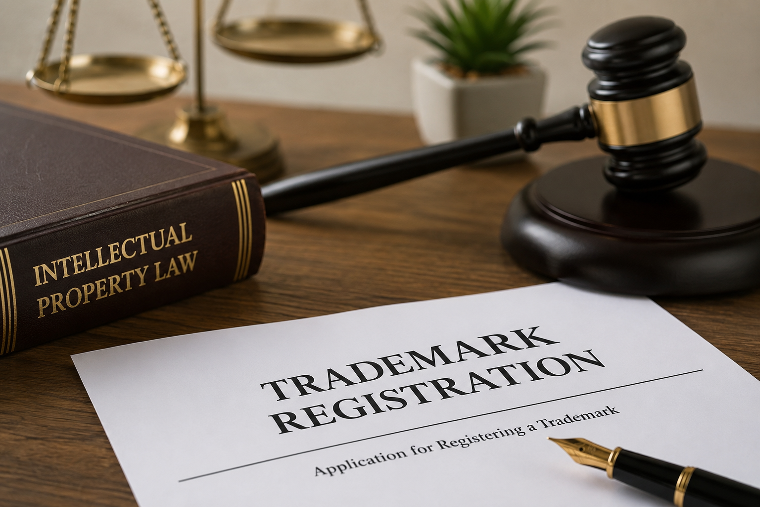 Trademark registration application with legal documents, gavel and intellectual property law book in a lawyer's office in Morocco.