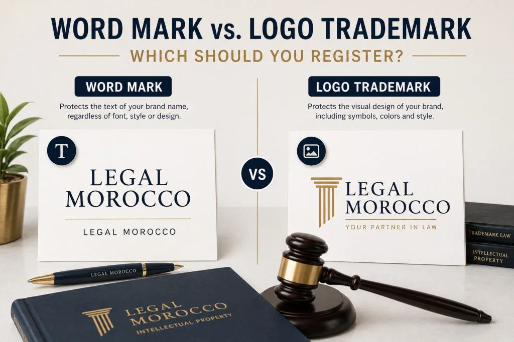Comparison between a word mark and a logo trademark illustrating the different types of trademark protection available in Morocco.